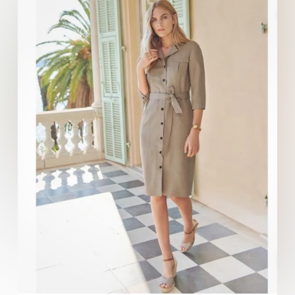 Pure Collection silk & linen shirt dress button‎ up with tie size 8/10
